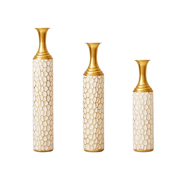 3-Piece Modern White Metal Floor Vase Set - Glazed Irregular Textured with Gold Accents, Large Glam Home Decor