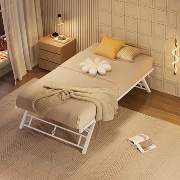 White Metal Frame Twin Trundle Daybed, Slat Support Bed Base with Lockable Casters