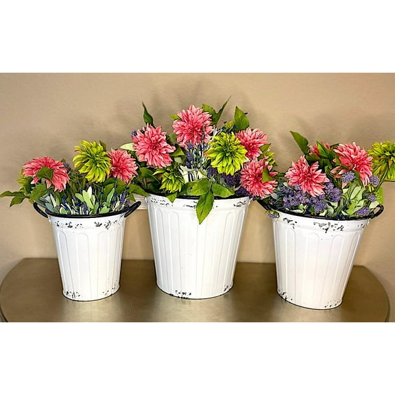 White Metal Galvanized Buckets Distressed Containers Decorative Rustic Kitchen Pantry Bathroom Garden Planter Organizer (Set of 3)