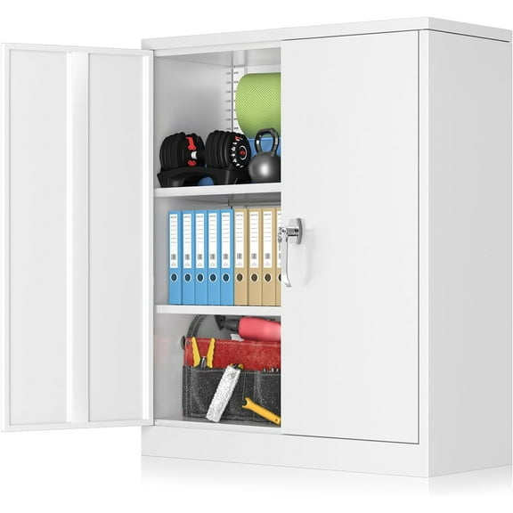 White Metal Garage Storage Cabinet 36 Inch, Lockable Steel Cabinet with 2 Doors 2 Shelves for Home Warehouse Garage