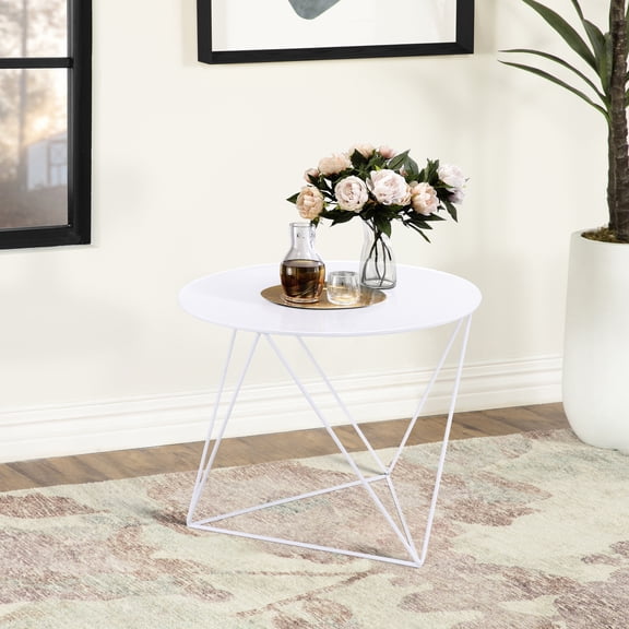 White Metal Geometric Base Accent Table - Versatile And Functional Compact Fits Smaller Areas