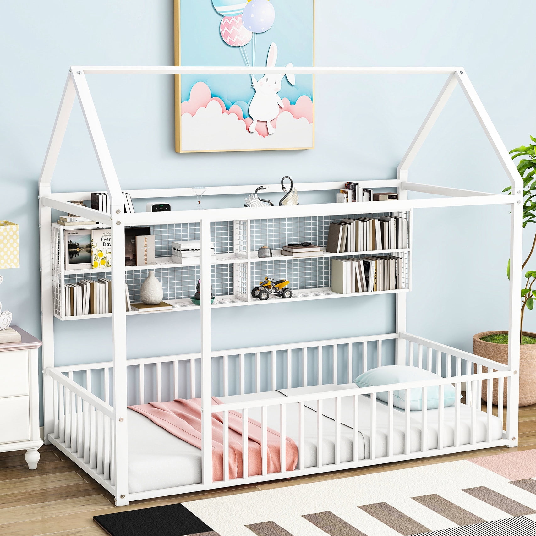 White Metal House Bed Frame for Small Rooms / Save Space and Keep ...