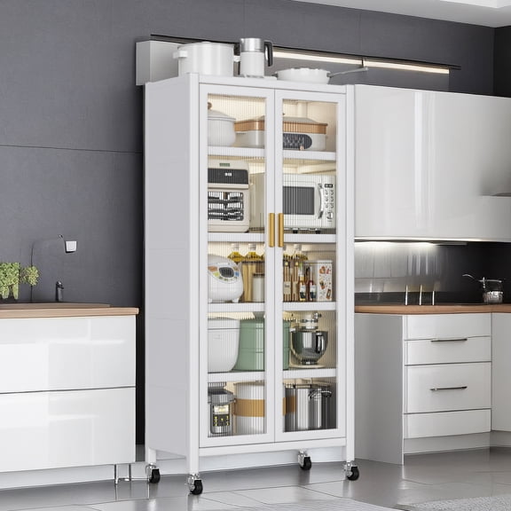 White Metal Kitchen Shelf Cabinet - Floor-ceiling, Double Door Style, 250kg Load-bearing, Smooth Movement & 360° Rotating Cabinet: Storage With Bearing, Mobility Rotatable Wheels