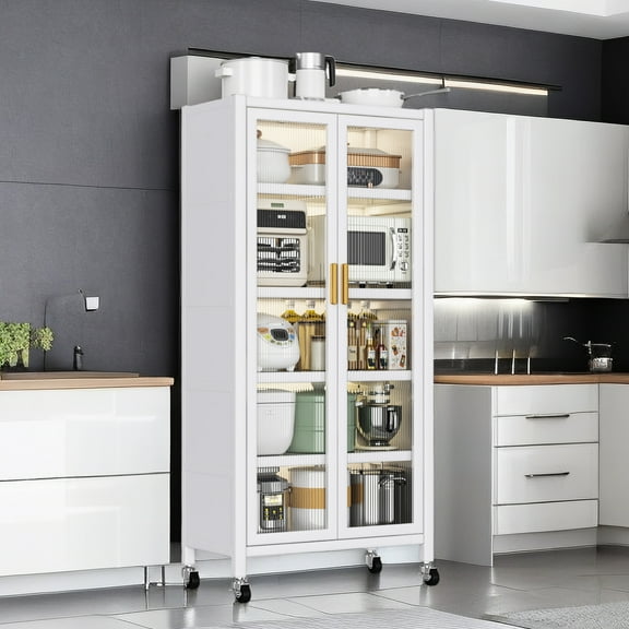 White Metal Kitchen Shelving: Double-door Cabinet, 250kg Capacity, Smooth Pull & 360° Rotating Wheels Floor-to-ceiling Cabinet: Metal, Double Doors, Load-bearing, Movement Rotation