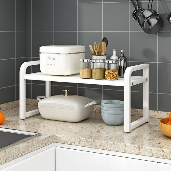 White Metal Kitchen Storage Rack | Spice Bottle & Dish Organizer with Wood Shelves | No-Tools Assembly 11.81 inch for Countertop Pantry Bathroom Use