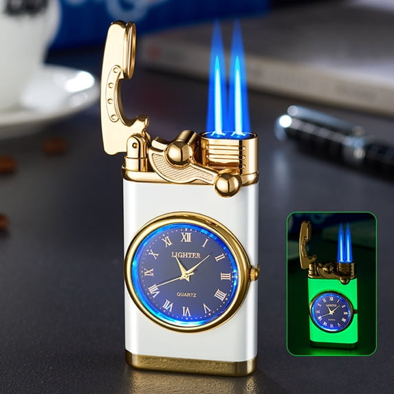 White Metal Lighter, Double Fire with Luminous Watch, Inflatable Windproof Blue Flame Lighter