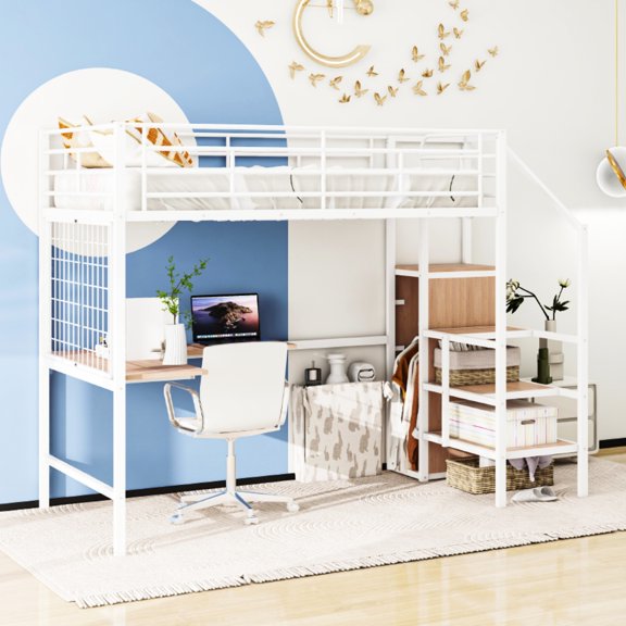 White Metal Loft Bed With Desk & Grid. Frame For Bedroom Space. Space Saving Storage Function. Elegant Wardrobe And Practical L-shape Desk. 94.1"l X 56"w 67.9"h. Mattress Not Included In Offer Full