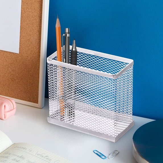 White Metal Mesh Pen Holder, Square Desk Organizer, Stationery Pencil Cup for Office, Home and Makeup Brushes