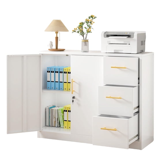 White Metal Office Storage Cabinet With 3 Drawers, 2 Doors, Gold Handles, No Wheels