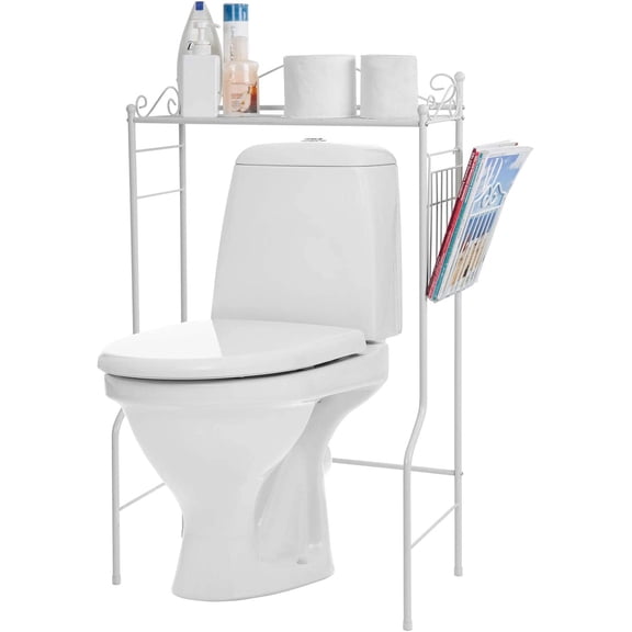 White Metal Over The Toilet Standing Shelf with Vintage Scrollwork Accents and Magazine Basket, Freestanding Bathroom Space Saver Organizer Rack