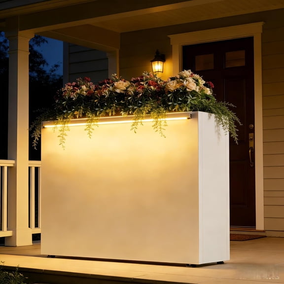 White Metal Planter Box with LED Light Galvanized Versatile Rectagular Light Up Plant Trough Durable Indoor Outdoor Flower Container Porch Patio Tarrace Balcony Garden Home Office Commerical