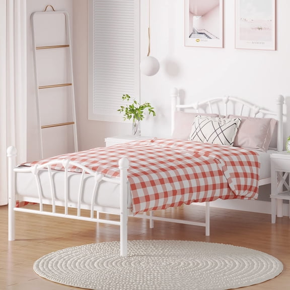 White Metal Platform Bed Frame - Iron-Art Heart Headboard & Footboard, 11.8 Inches for Under Bed Storage, No Box Spring Needed, Twin Size