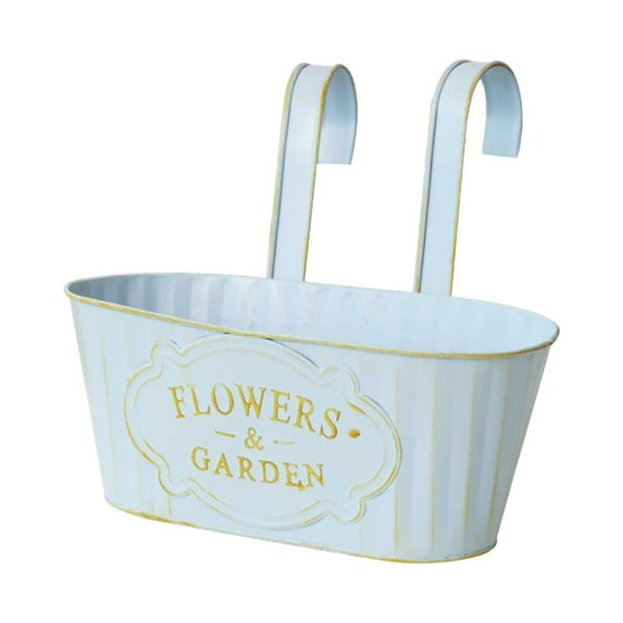 White Metal Railing Planter for Outdoor Plants - Hanging Flower Pots, Balcony Hanging Flower Pots with Detachable Hooks and Drain Holes Oval Bucket Rail Box Fence Planters for Home Garden Decor