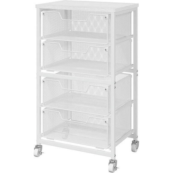 4-Drawer Rolling Storage Cart, Utility Cart with Drawers, White Metal Craft Cart Organizer with Wheels & Wooden Top, Art Supply Storage Organizer for Classroom, Office, Kitchen