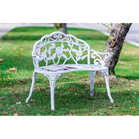White Metal Rose Garden Bench