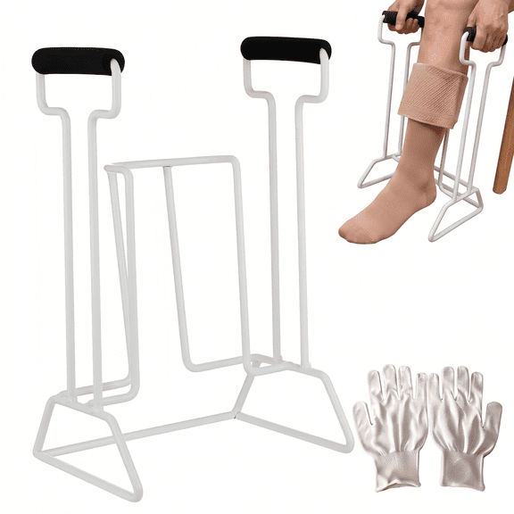 MQHOOB Sock Aid for Seniors, 16cm White Metal Pressure Sock Donner with Non-Slip Handles & Gloves, Easy on/off Stocking Helper Daily Use