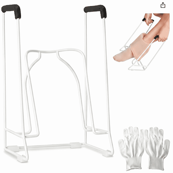 White Metal Sock Aid with 16cm Diameter, Sock Helper with Non-Slip Handles, Includes Gloves, Easy On/Off Stocking Tool for Daily Use