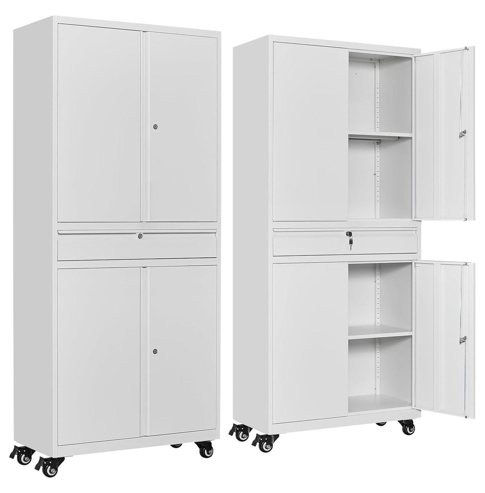 White Metal Storage with 4 Wheels and 1 Drawer,Rolling Garage