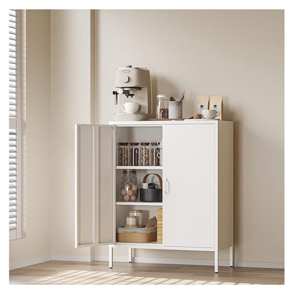 White Metal Storage Cabinet, 40 Kitchen Buffet & Coffee Bar Cabinet with Adjustable Shelves, 3-Tier Steel Organizer with Magnetic Doors, Sideboard for Dining Room, Home Office