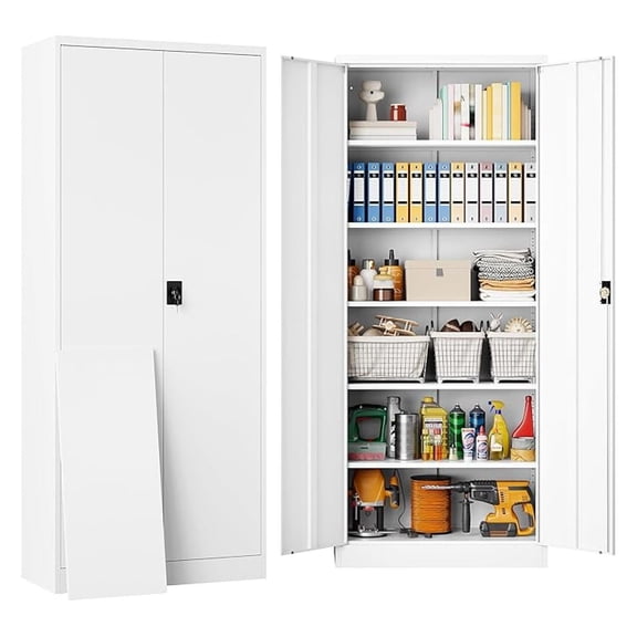 White Metal Storage Cabinet with 5 Adjustable Shelves,71" Tall Metal Cabinet with Locking Doors,Steel Cabinet with Lock,Lockable Storage Cabinets for Home,Office,Kitchen,Laundry,Pantry