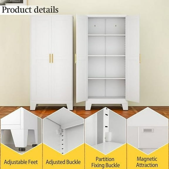White Metal Storage Cabinet, 61" Steel File Cabinet for Home Office, Kitchen Pantry Storage Cabinet with Doors and 3 Adjustable Shelves, Tool Cabinet, for Office, Home, Garage, School