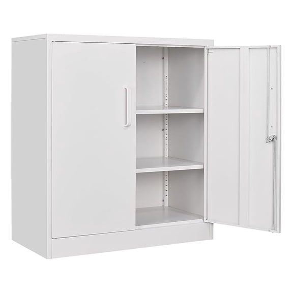 White Metal Storage Cabinet with Doors and Shelves,36 inch Small Metal Cabinet with Lock,Short Garage Storage Cabinets,Locking Steel Cupboard for Home,Office,Kitchen,Garages