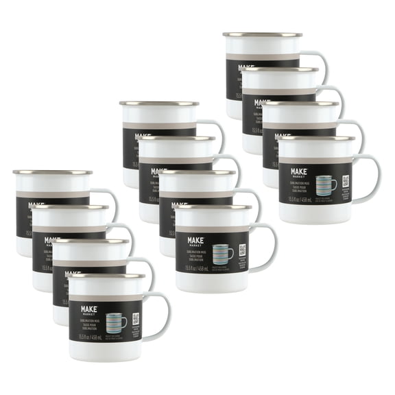 White Metal Sublimation Camping Mug by Make Market – 15.5oz Outdoor Drinkware with Stainless Steel Rim - Customizable for Heat Transfer - Hand Wash Only - 12 Pack