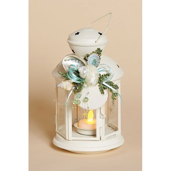 White Metal Tea Light Lantern with Removable Shell Collar