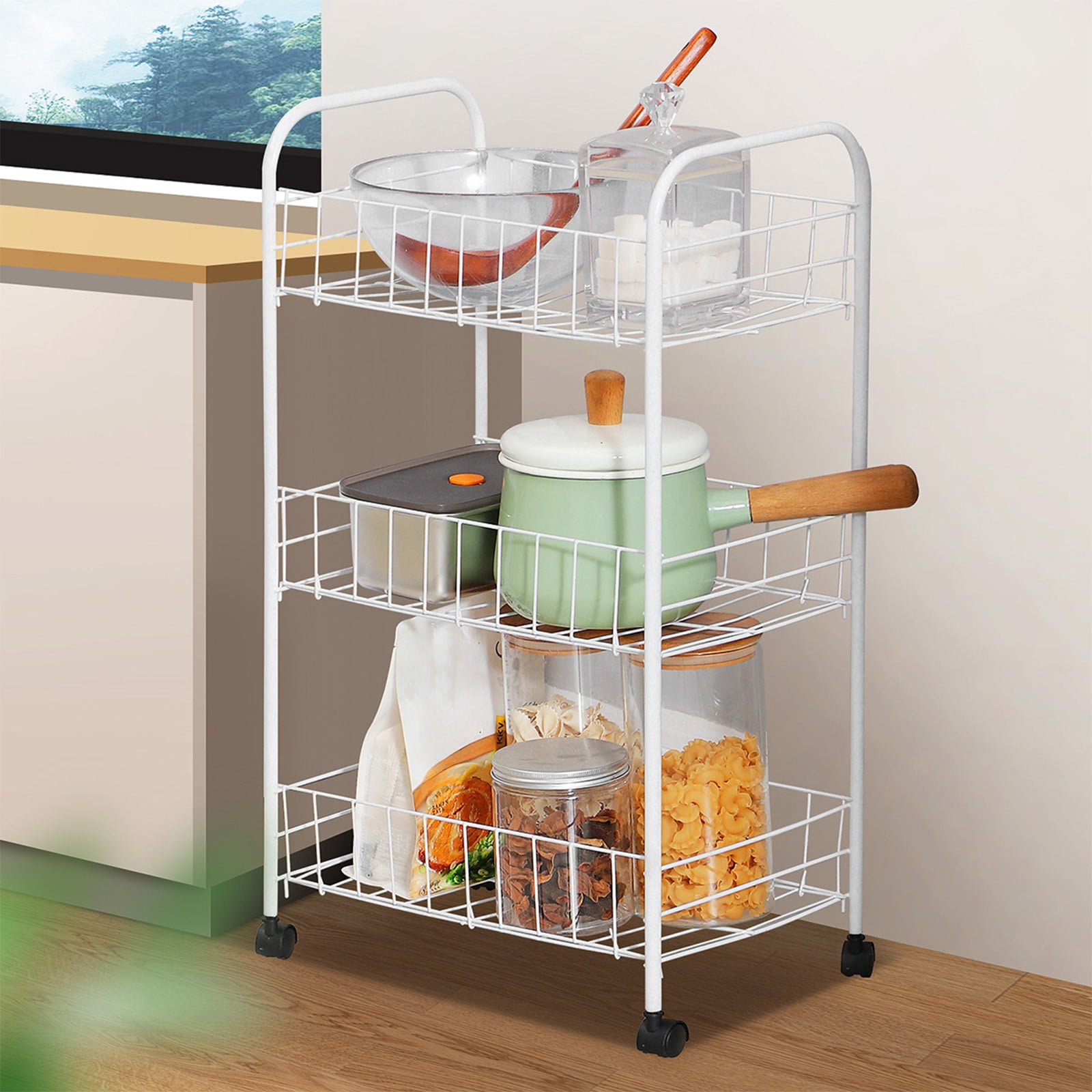 White Metal Three-tier Cart for Household Kitchen Spices Fruit Vegetables Compartmentalized Storage, 24.8x14.17x9.45in Iron Storage Basket with Removable Shelves and 360 Swivel Wheels