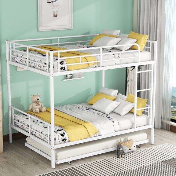 White Metal Trundle Bunk Bed - Strong Iron Craftsmanship, Fits Bedroom Space Wonderfully Full Over With Trundle, Comfortable Sleeping Arrangement