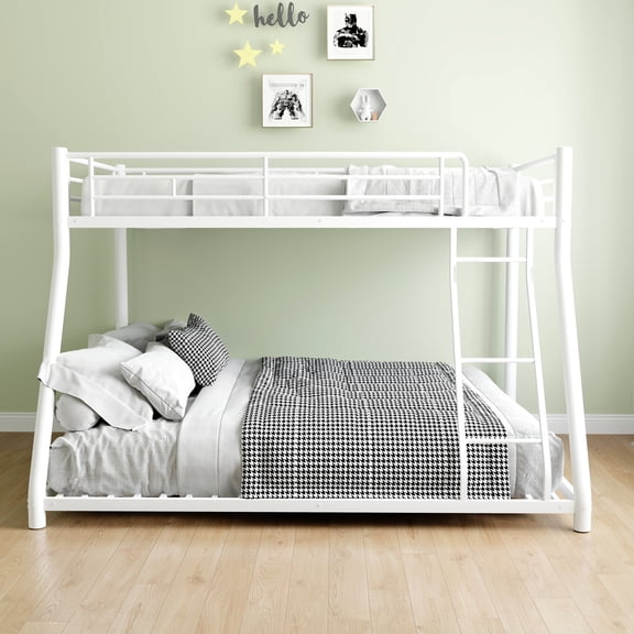White Metal Twin Over Full Bunk Bed - Full - Length Guardrails - Shared Room - Holds Up to 400 lbs