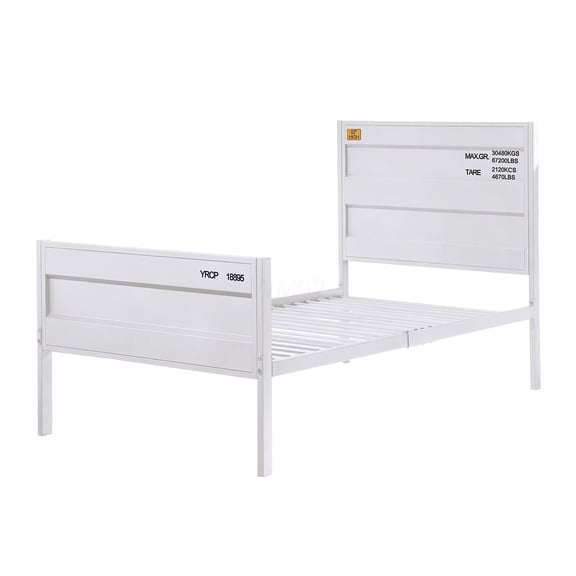 White Metal Twin Platform Bed with Headboard, Industrial Container Style Low Profile Frame for Small Spaces