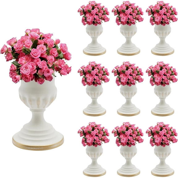 White Metal Urn Planter Compote Vase - 10 Pcs Wedding Centerpiece Vase, 6.7" Trumpet Pedestal Vase Pot for Party, Home Decor, Flower Arrangement