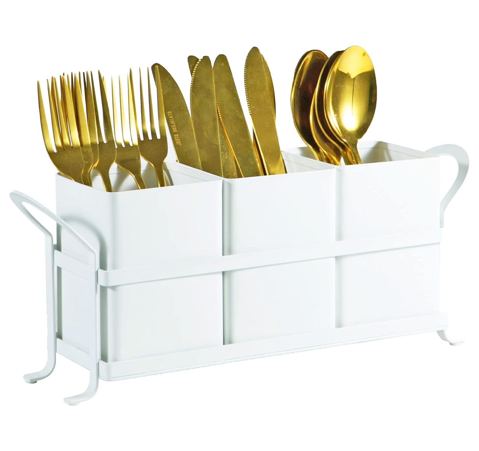 White Metal Utensil Caddy, 3 Compartments, Portable Design, Perfect for Countertop, Outdoor, and