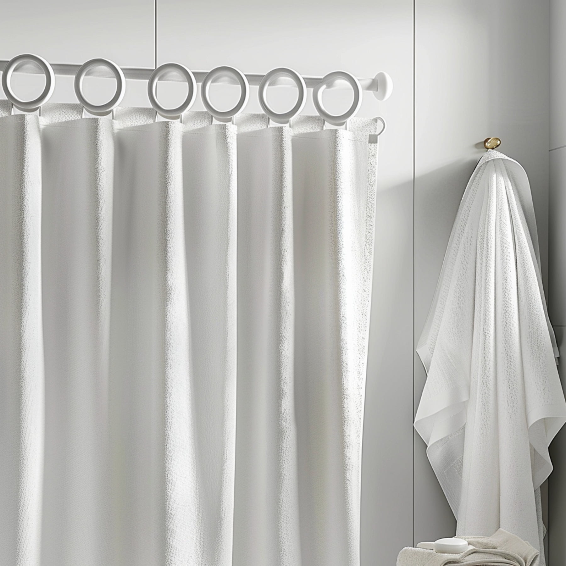 White Metal Wall Mounted Rings Bathroom Curtain Set with Minimalist
