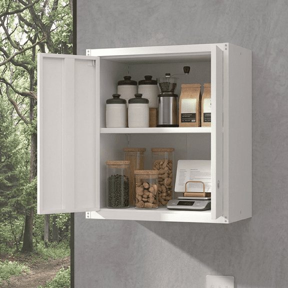 White Metal Wall Storage Cabinet with 2 Doors and Lock, Hanging Tool Organizer for Garage Kitchen Laundry Office, Adjustable Shelf, 26" W x 14" D x 28" H