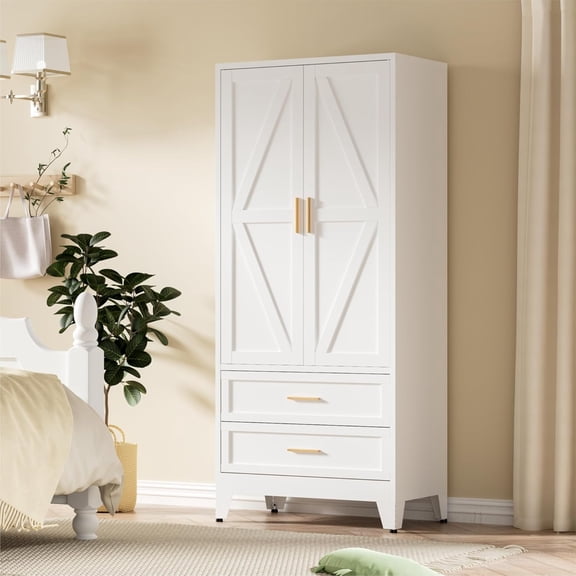 White Metal Wardrobe Cabinet, 71" Tall Freestanding Farmhouse Armoire with 2 Drawers and Shelf for Hanging Clothes, Rustic Geometric Barn Door Design Storage Cabinet for Bedroom, Home Office