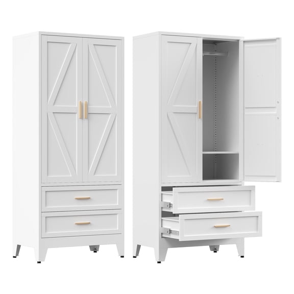 White Metal Wardrobe Cabinet, 71" Tall Freestanding Farmhouse Armoire with Drawers and Shelf for Hanging Clothes, 2 Rustic Geometric Barn Doors Design Storage Cabinets for Bedroom
