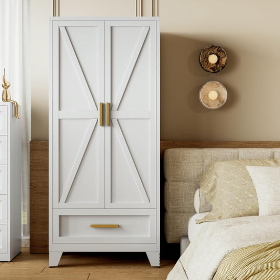 White Metal Wardrobe Cabinet for Bedroom, 71" Tall Freestanding Closet System with Drawer and Shelf, Hanging Rod Clothing Organizer with Two Doors, Farmhouse Steel Wardrobe Bedroom Armoires