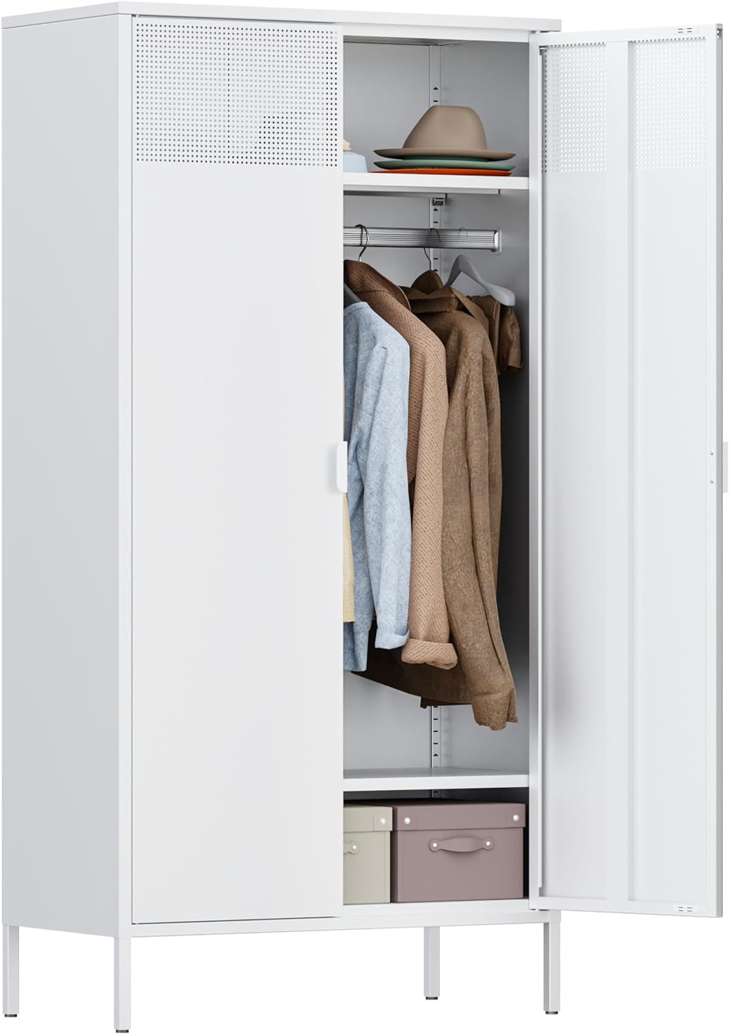 White Metal Wardrobe Cabinet with Hanging Rod,Tall Bedroom Armoire ...