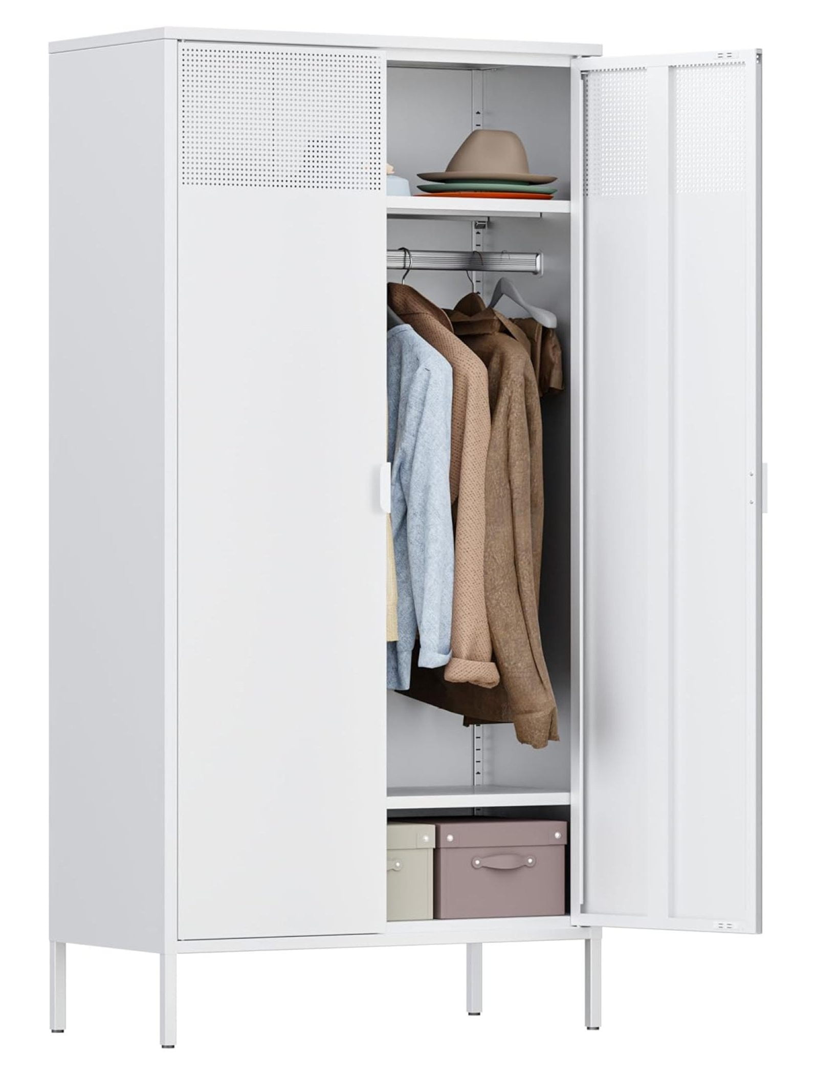 White Metal Wardrobe with Hanging Rod,Tall Bedroom Armoire