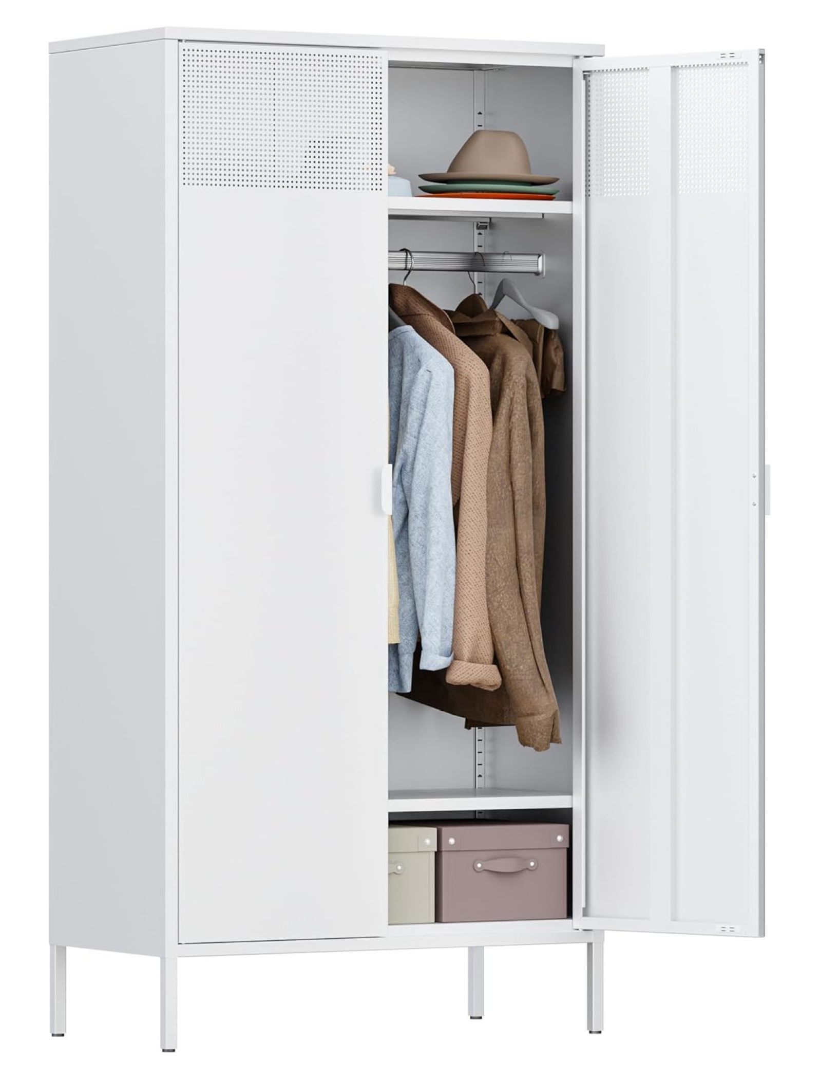 White Metal Wardrobe Cabinet With Hanging Rod,tall Bedroom Armoire 