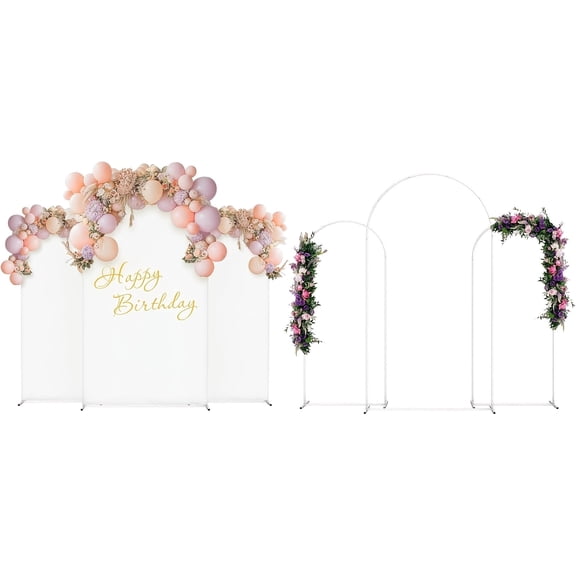 White Metal Wedding Arch Backdrop Stand Set of 3 with Fitted Spandex Covers, 7.3/6/6FT Arched Frame for Wedding Ceremony Bridal Party Birthday Banquet Decor