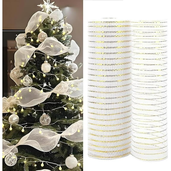White Metallic Decor Mesh Ribbon, 10 Inch x 30 Feet(10Yard) Glitter Christmas Tulle Rolls for Christmas Tree, Wreaths Making Supplies, Gift Wrapping, Garland, Bows, Wedding, Home Decoration Mesh