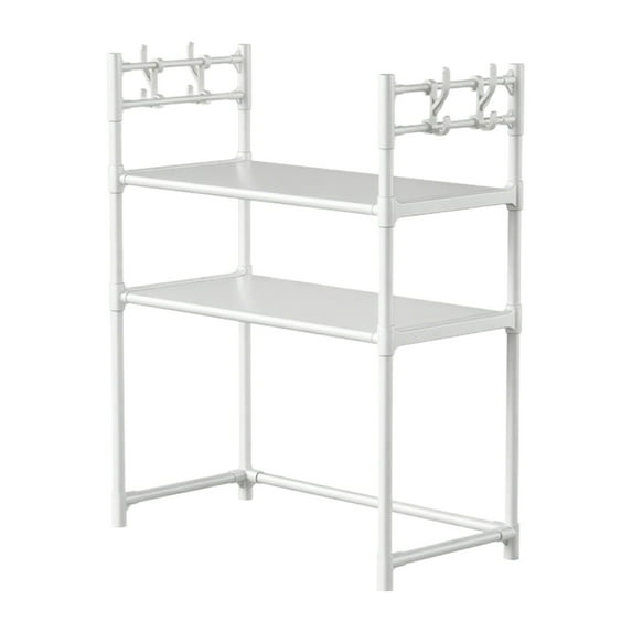 White Microwave Oven Shelf, Countertop Organizer with Hooks, No-Drill Installation, Plastic Kitchen Storage Shelf for Spices, Towels, Utensils, 1 Piece