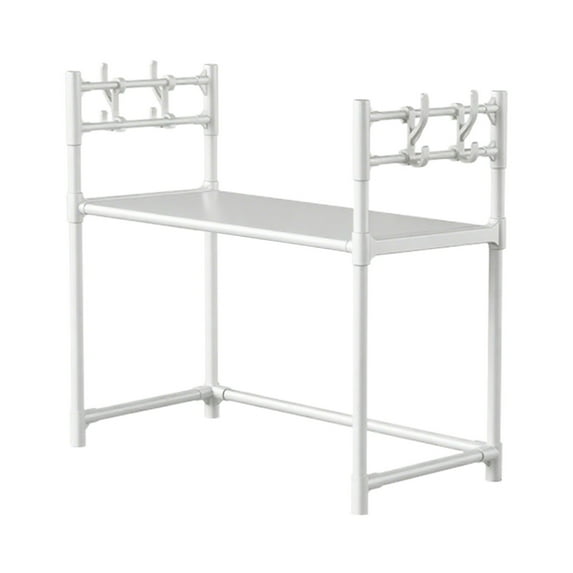White Microwave Oven Shelf, Countertop Organizer with Hooks, No-Drill Installation, Plastic Kitchen Storage Shelf for Spices, Towels, Utensils, 1 Piece