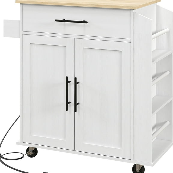 White Microwave Stand With Electrical And Valuable Storage, Rolling Kitchen Island Ac Outlets, Ports, Drawer, Cabinet Adjustable Shelf Cart Outlets & Storage Cabinet, Towel Rack, Spice Stable