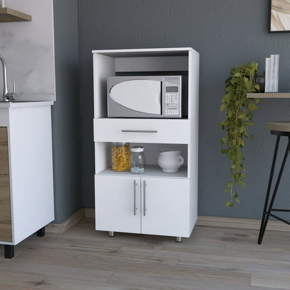 White Microwave Stand Pantry Cabinet - With Functional Shelf And Drawer Combos Kitchen Cabinet, Stylish Appeal