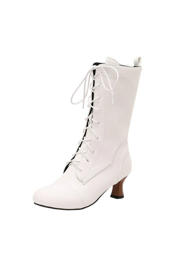 White Mid-Calf Boots With Lace-Up And Round Toe Flat Design For Women Winter Casual Wear Pu Leather Comfort Fit