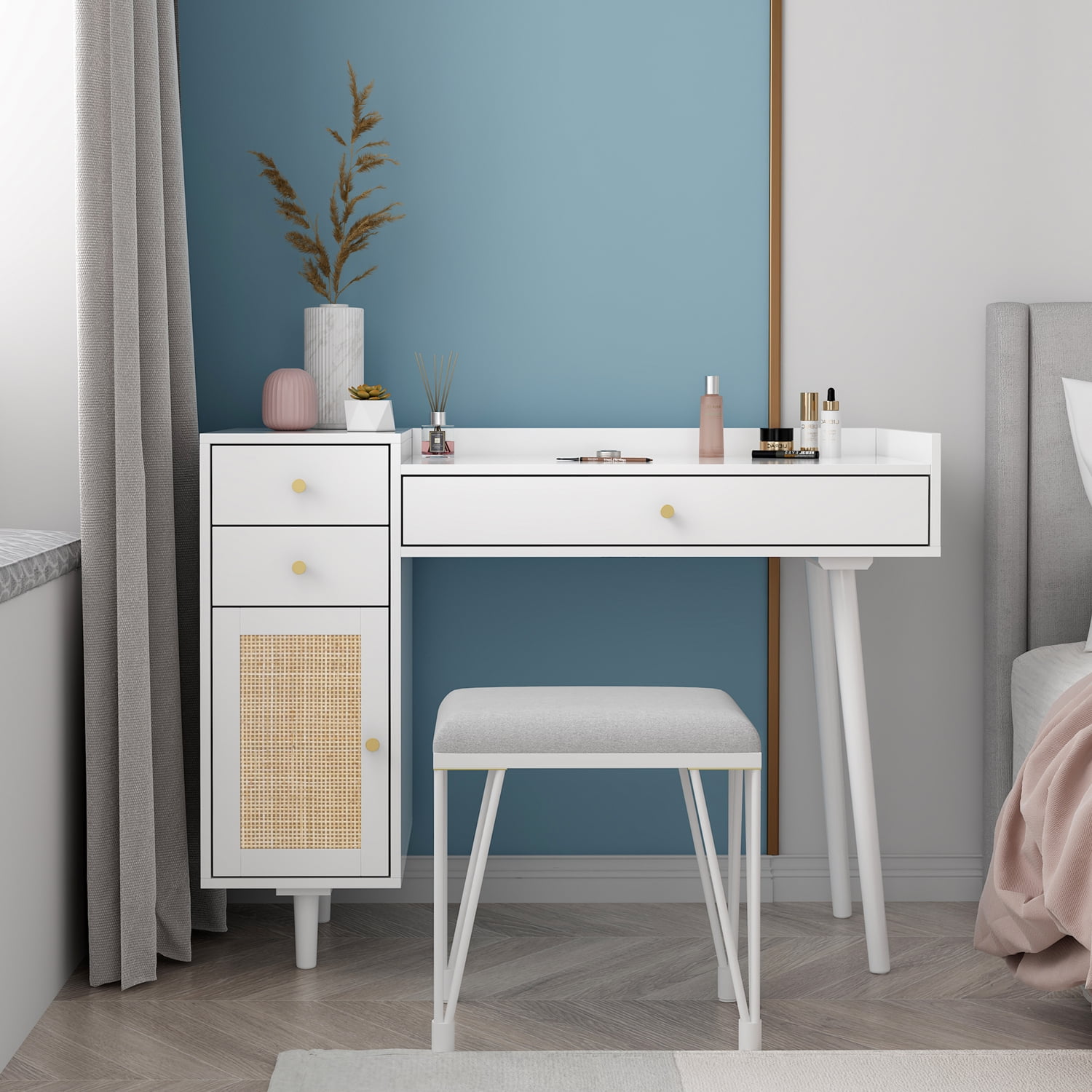 White MidCentury Dressing Table Makeup Vanity, Rattan Door Design, with Drawers & PlugIn Board